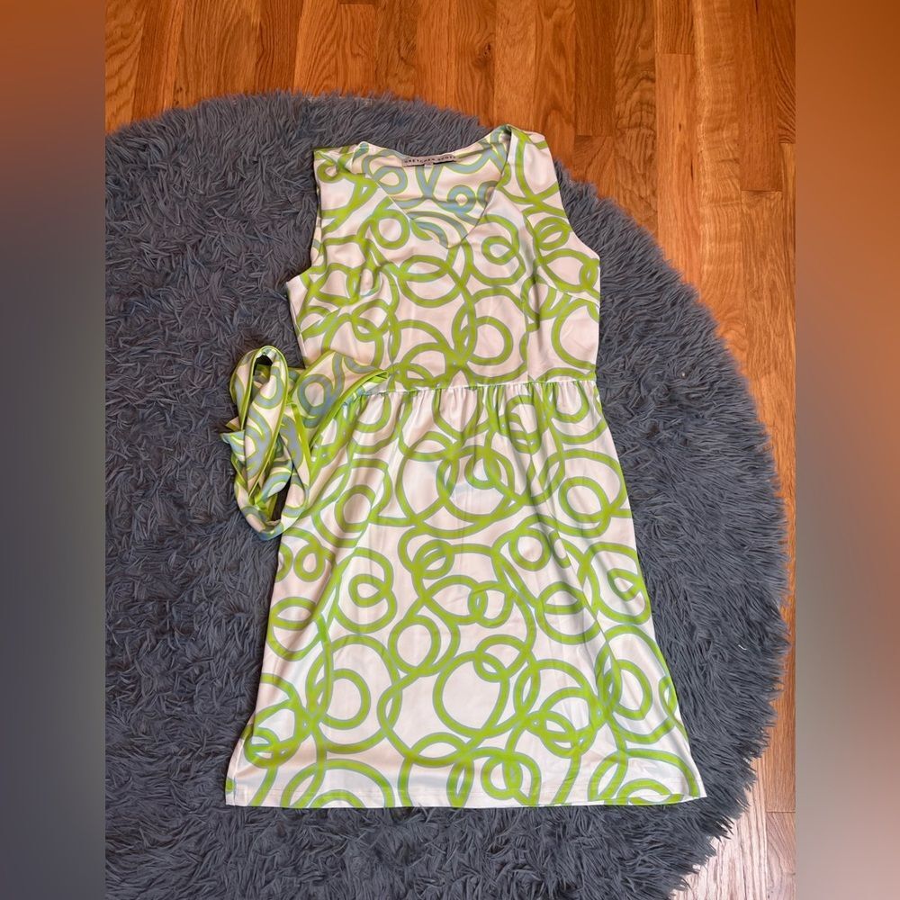 Gretchen Scott Designs White Dress with Lime Green Circular Print